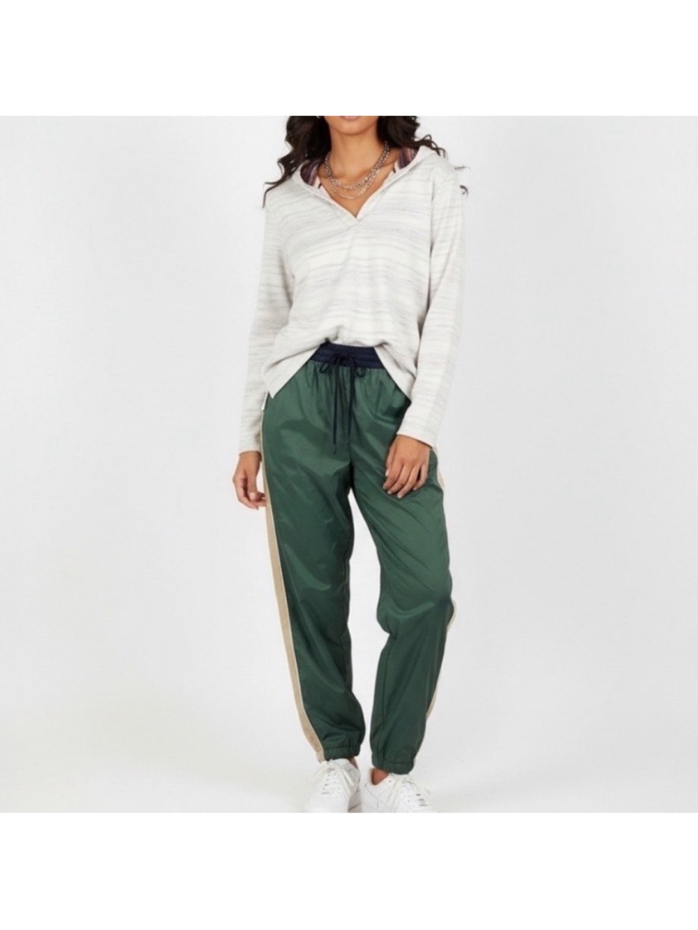 Zara Nylon Track Pants Green Beige Drawstring Windbreaker Joggers size small